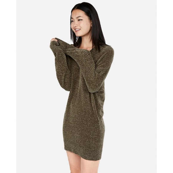 Express Dresses & Skirts - Express Olive Green Chenille V-neck Sweater Dress